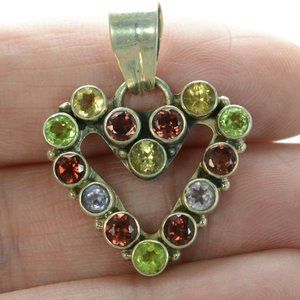 925 Sterling Silver Bezel Set Multi Gemstone Open Heart Pendant